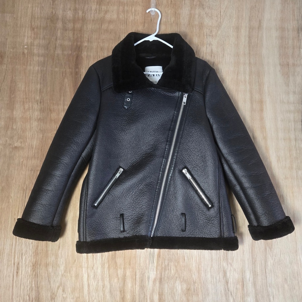Zara Womens Black Faux Leather Faux Fur Lined Aviator Biker Jacket Sz M No Belt